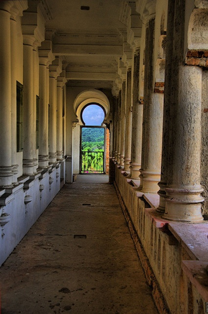 White colonnade looking out over the valley